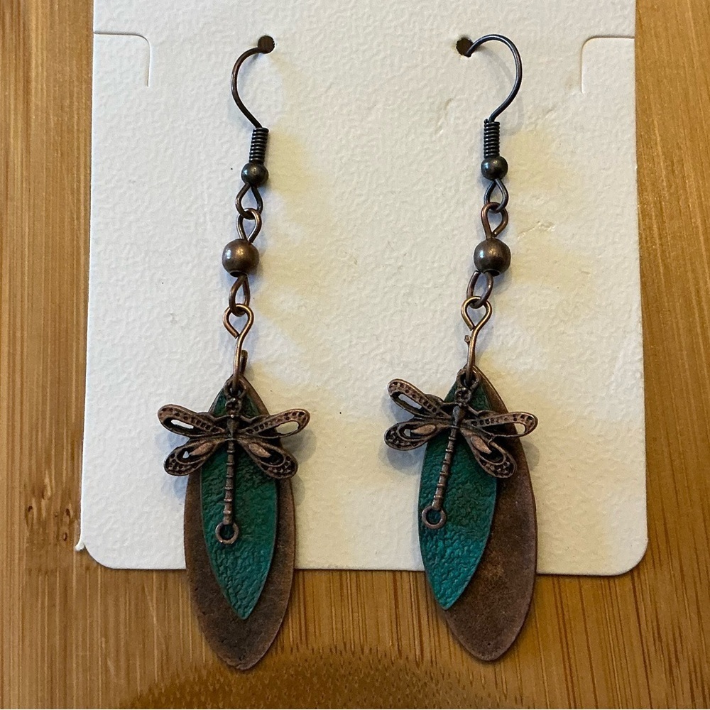 Dragonfly Teardrop Dangle Earrings - Teal & Antique Bronze